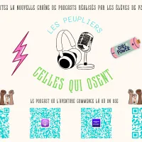 Image représentant la vignette du podcast de "Celles qui osent" avec un micro et un casque au centre et des qr codes qui renvoient vers les podcasts à écouter.
