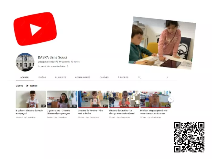 Logo YouTube - enfants qui collaborent - chaine YouTube de l'école Sans Souci - QR code de la chaine YouTube