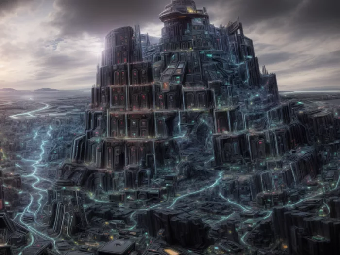 La tour de Babel de Bruegel, revisitée par l'intelligence artificielle Stable Diffusion, extrait du jeu "Quelle fin d'année"